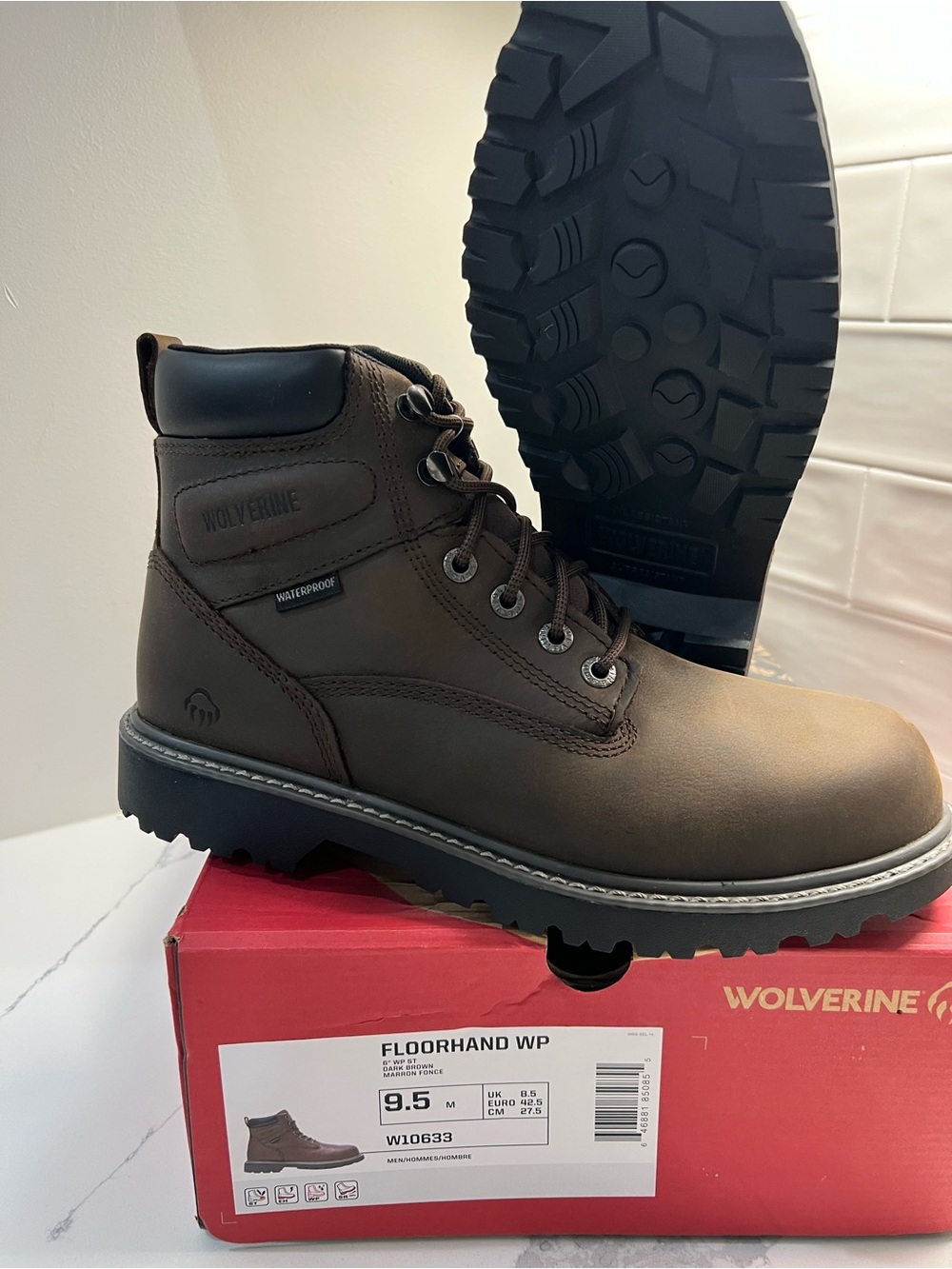 Wolverine Floorhand Waterproof Steel Toe Work Boots Men's size 9.5 Dark Brown